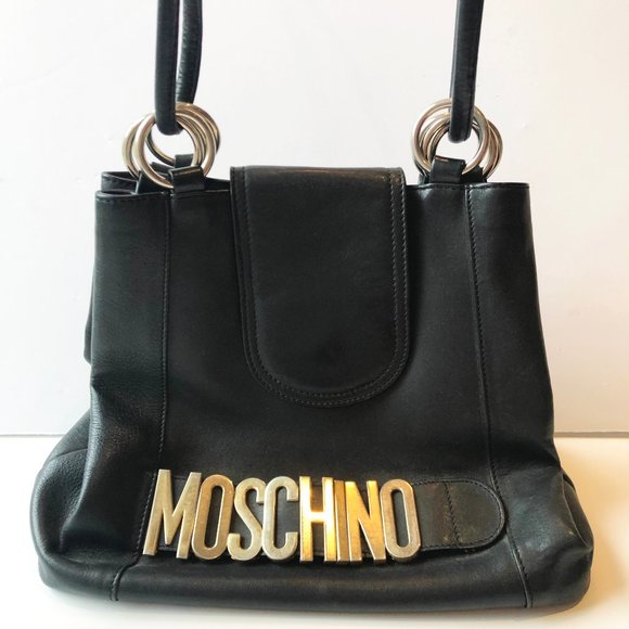 MOSCHINO VINTAGE BLACK LEATHER SHOULDER BAG - Picture 2 of 9
